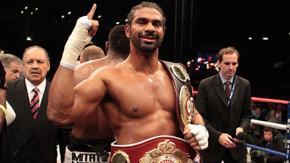 David Haye with the WBA and WBO International Heavyweight Championship belts after beating Dereck Chisora at Upton Park, London.