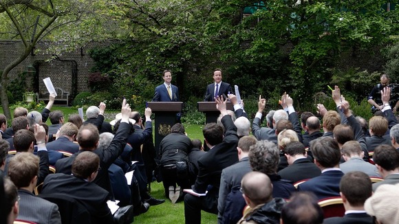 The first joint press conference of the coalition government in the Downing Street garden in 2010.