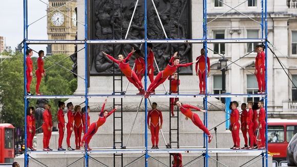 Dancers performing Human Fountain at Trafalgar Square, London.