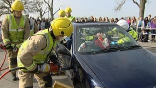 Students watched a presentation by the fire service