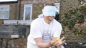 Freddie Flintoff practising catching lemons before taking on The BT Sport Relief Challenge 