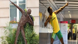 LEFT - Wicker sculpture in Victoria Square, RIGHT - Waxwork of Bolt's pose at Heathrow Airport