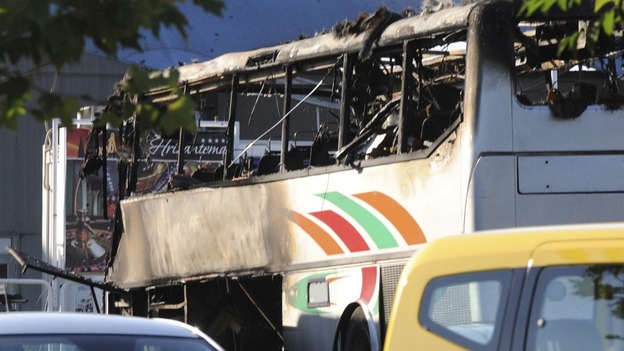 The mangled bus at the scene in Bulgaria.