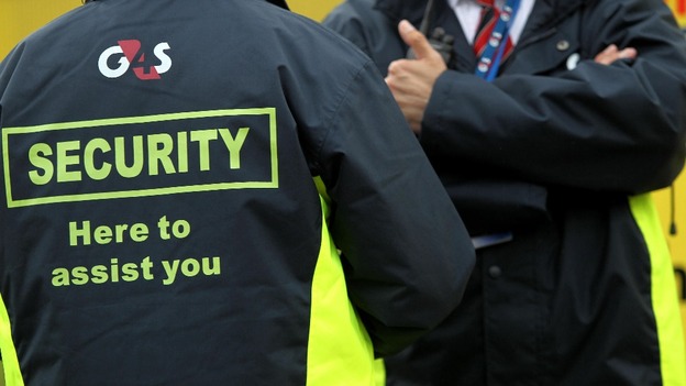 G4S Security guards outside the USA training base at Alexandra Stadium, Birmingham