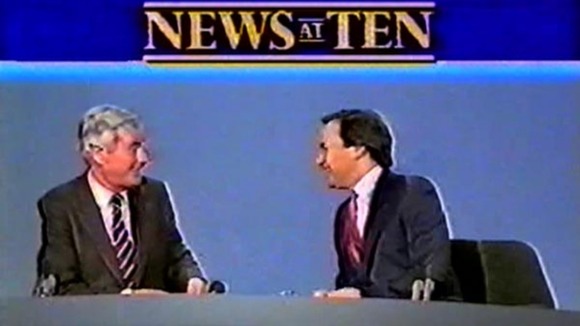Sir Alastair Burnet alongside Alastair Stewart as they present the News at Ten