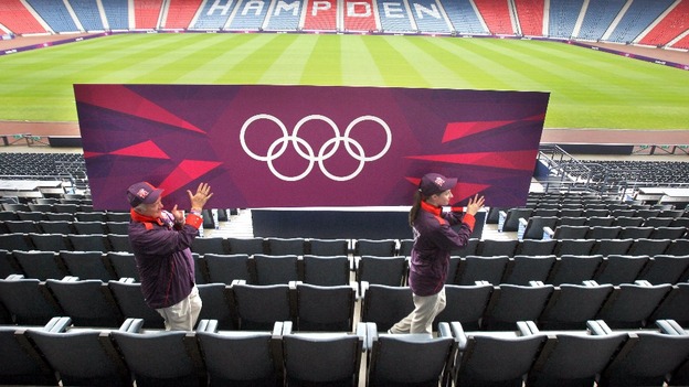 Olympic staff position Olympic Signage billboards at Hampden Park, Glasgow