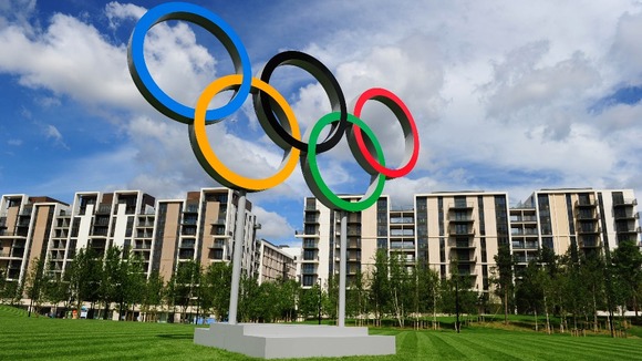AA general view of The Olympic Rings which stand in the middle of the Olympic Village during a media tour of the Olympic Village, London.
