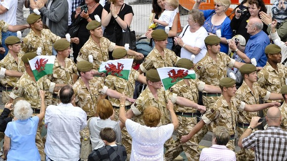 Charlie Company, 2nd Battalion The Royal Welsh, during a homecoming parade following a tour of duty in Afghanistan.