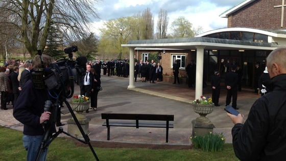 amily and friends arriving at the Tixall Road Crematorium in Stafford for the funeral of PC David Rathband