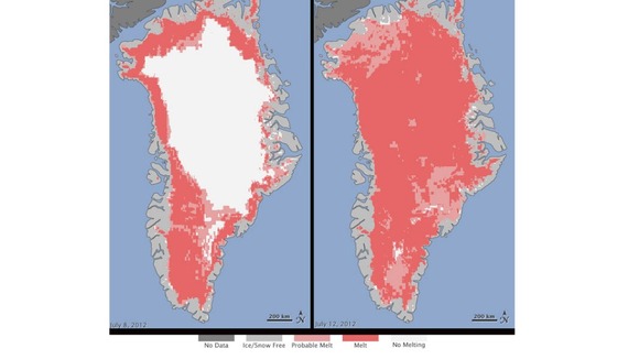Extent of surface melt over Greenland’s ice sheet on July 8 (left) and July 12 (right)
