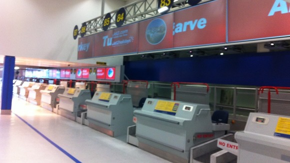 Deserted Jet2 check-in at Manchester Airport this morning