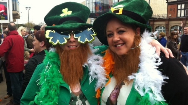 People joining in the St Patrick's day fun in Derby this lunchtime
