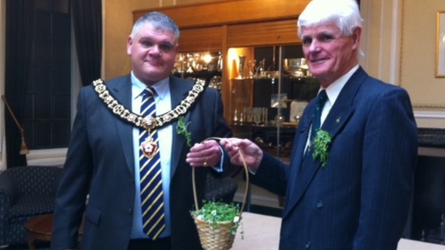 Shamrocks being handed to the Lord Mayor of Leicester earlier today