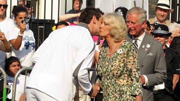 Duchess of Cornwall speaking with Torchbearer 129 Scott Moorhouse
