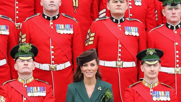 The Duchess of Cambridge poses for an official photograph as she visits Aldershot Barracks on St Patrick's Day.