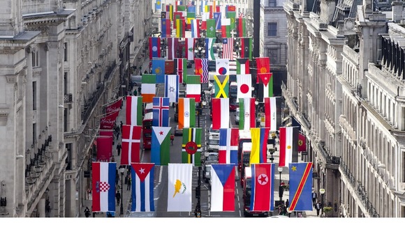 Flags from around the world fly in Regent Street, London ahead of the Olympics.