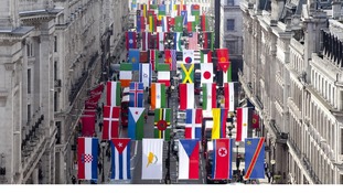 Flags from around the world fly in Regent Street, London ahead of the Olympics.