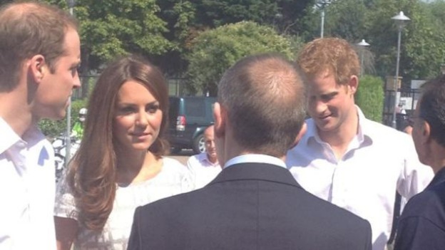 The Duke and Duchess of Cambridge and Prince Harry arrive in Rotherhithe.