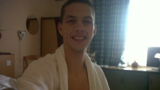 Stapleton in his dressing gown in the Campanile Hotel, Manchester 