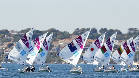 Laser Radial sailors practice on the waters of Portland Harbour in Dorset, the sailing venue of the London 2012 Olympics.