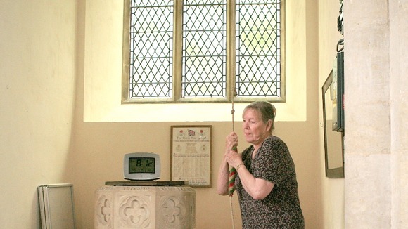 Pat Price ringing Stiffkey Church Bell