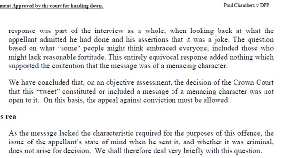 Court of Appeal judgment: Paul Chambers v Director of Public Prosecutions (Twitter joke case).
