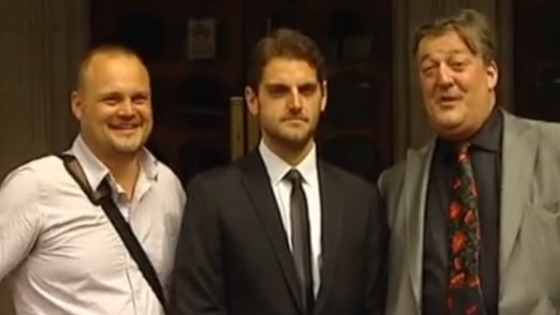 Paul Chambers (centre) alongside comedian Al Murray (left) and broadcaster Stephen Fry (right).