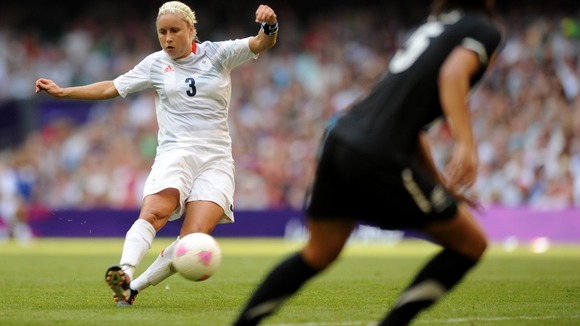 Great Britain's Stephanie Houghton scores the opening goal of their game against New Zealand.