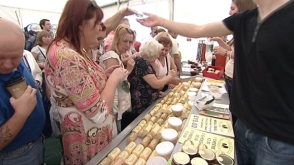 Customers at a cheese tent