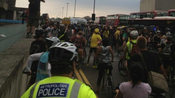 Cyclists on Waterloo Bridge in Central London
