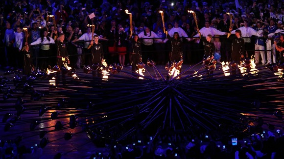 The Olympic flame lit during the Opening Ceremony