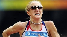 Paula Radcliffe finishing the Women's Marathon at the 2008 Beijing Olympics
