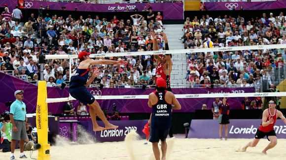Steve Grotowski in action during the Men's Beach Volleyball at Horse Guards Parade, London.