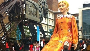 10m tall Lady Godiva being pulled through Coventry on Sunday