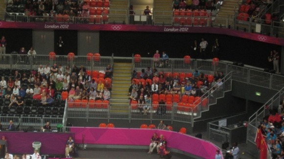 Empty seats at the basketball arena.