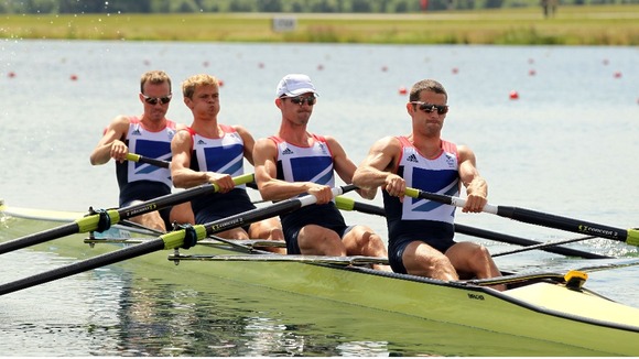 Chris Bartley, Richard Chambers, Rob Williams and Peter Chambers during their Lightweight Coxless Men's Four heat at Eton Dorney