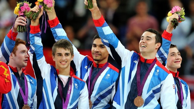 Daniel Purvis, Max Whitlock, Louis Smith, Kristian Thomas and Sam Oldham celebrate their Bronze medals