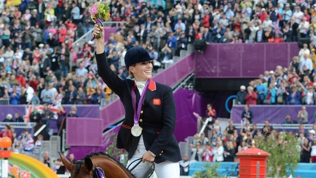 Zara Phillips celebrates with her Silver medal