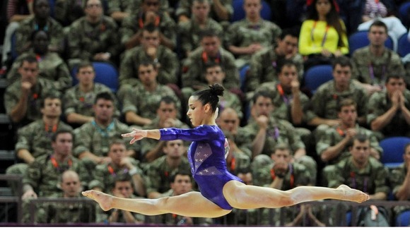 USA's Alexandra Raisman competes on the beam during the Artistic Gymnastics Team Qualification