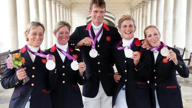 Mary King, Nicola Wilson, William Fox-Pitt, Tina Cook and Zara Phillips celebrate with their Silver medals