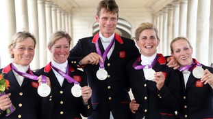 Mary King, Nicola Wilson, William Fox-Pitt, Tina Cook and Zara Phillips celebrate with their Silver medals