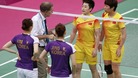 Tournament referee Torsten Berg warns players from China and South Korea.