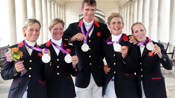 Mary King, Nicola Wilson, William Fox-Pitt, Tina Cook and Zara Phillips celebrate with their Silver