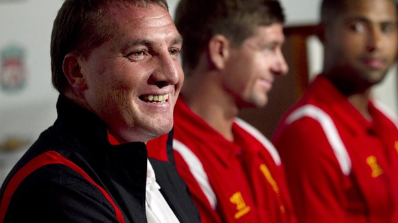Liverpool boss Brendan Rodgers (left), Steven Gerrard and Glen Johnson.