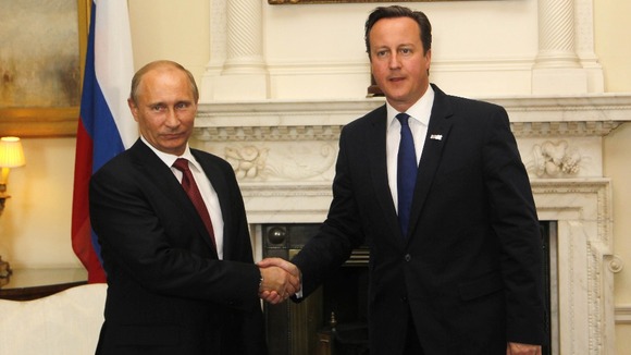 Prime Minister David Cameron and Russia's President Vladimir Putin meet to discuss the Syrian crisis