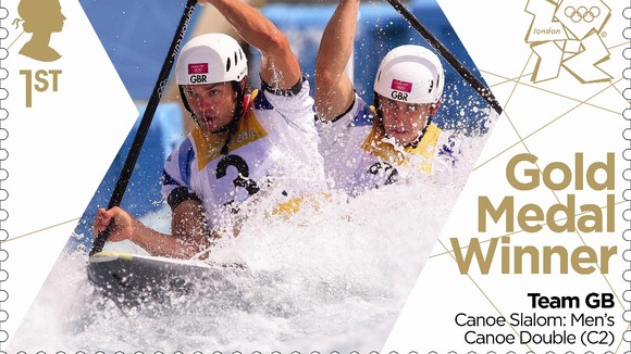 The stamp to commemorate Etienne Stott and Tim Baillie's gold medal win in the men's canoe double.