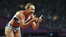 Great Britain's Jessica Ennis celebrates after the Women's Heptathlon 200m