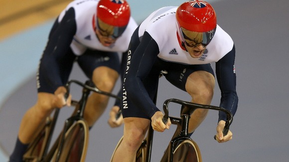 Jason Kenny and Sir Chris Hoy during the Men's Team Sprint Final