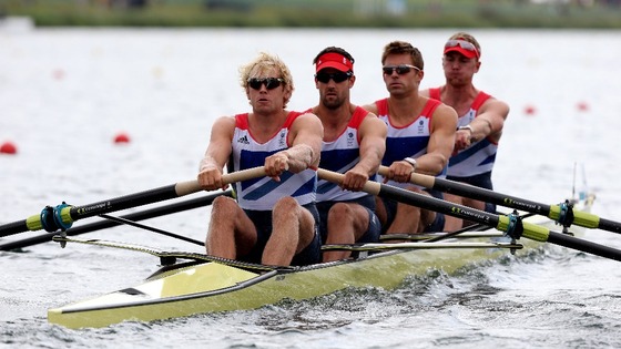 Great Britain's Men's Four of Andrew Triggs Hodge, Tom James, Pete Reed and Alex Gregory at Eton Dorney Rowing Lake earlier this week