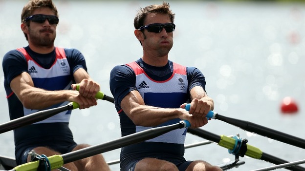 Great Britain's Mark Hunter (right) and Zac Purchase in action in their heat in the men's lightweight double sculls